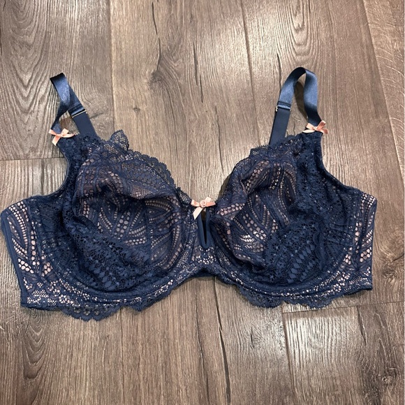 Cacique Bra Unlined Balconette 44DD Coquette Blue Pink Bows Lace Sheer Barbie - Picture 10 of 10